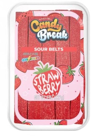 Variety Pack of Sour Candy Belts - Strawberry - Apple - Blue Raspberry - Peach - Cotton Candy - Watermelon Candy Breaks - Halal - 8 Oz Container - Pack of 6 (1 Pack From Each Flavor)