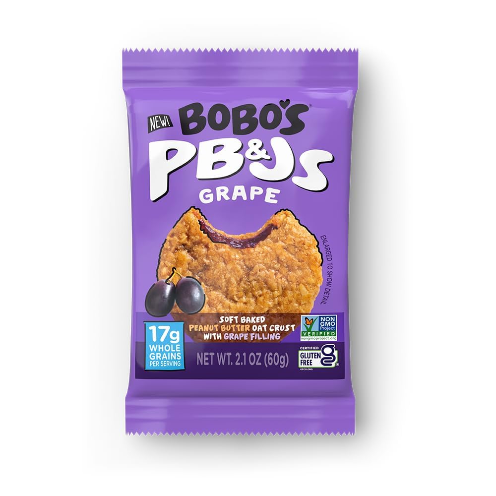 Bobos Gluten Free PB&Js Soft Baked Peanut Butter Oat Crust with Jelly Filling, Grape and Strawberry, 37.8 OZ (Pack of 18) GLUTEN FREE