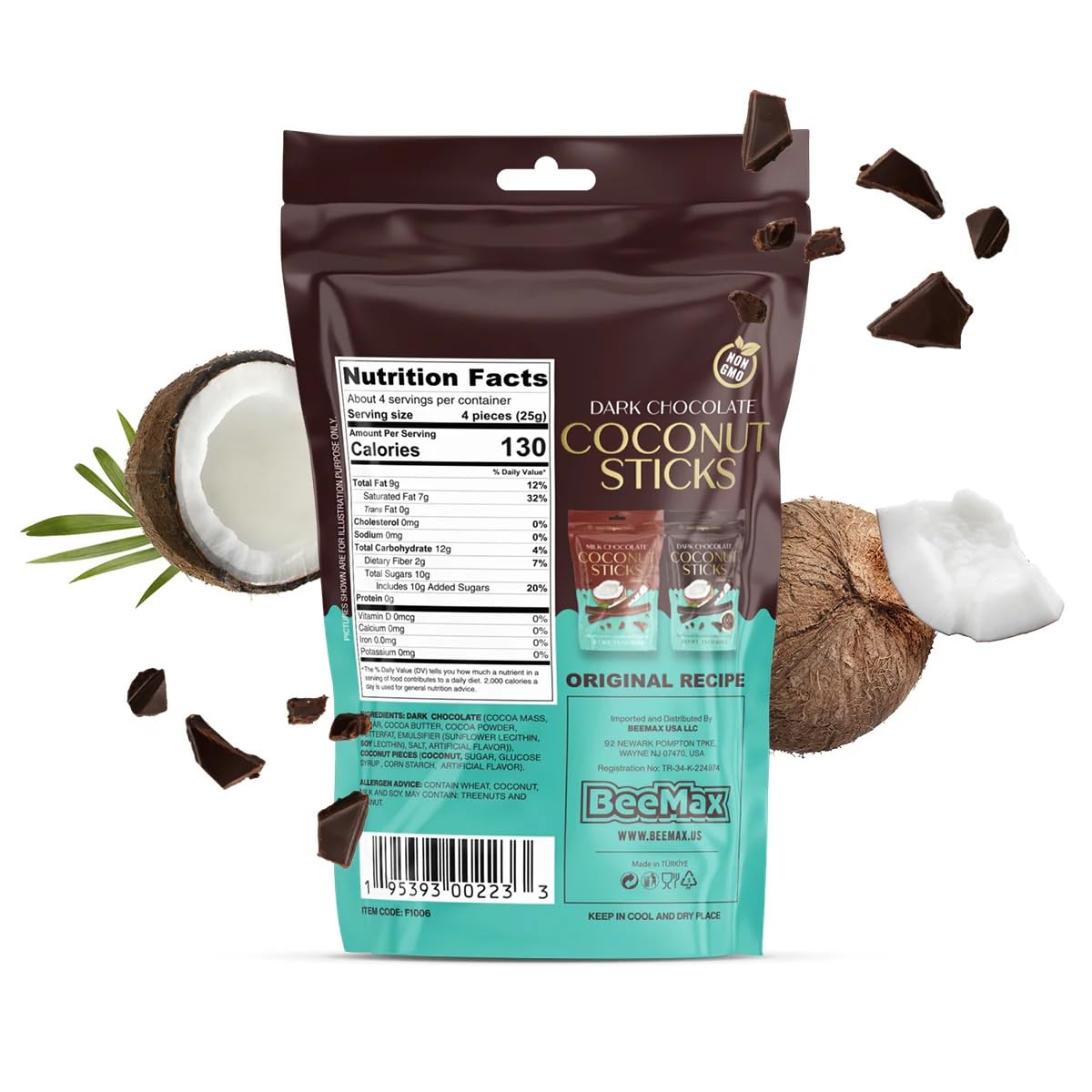 Original Belgian Dark Chocolate Covered Coconut Sticks, 60% Cacao, Dried Fruit Snack, 3.5 oz Resealable Pouch ~ 2 Pack