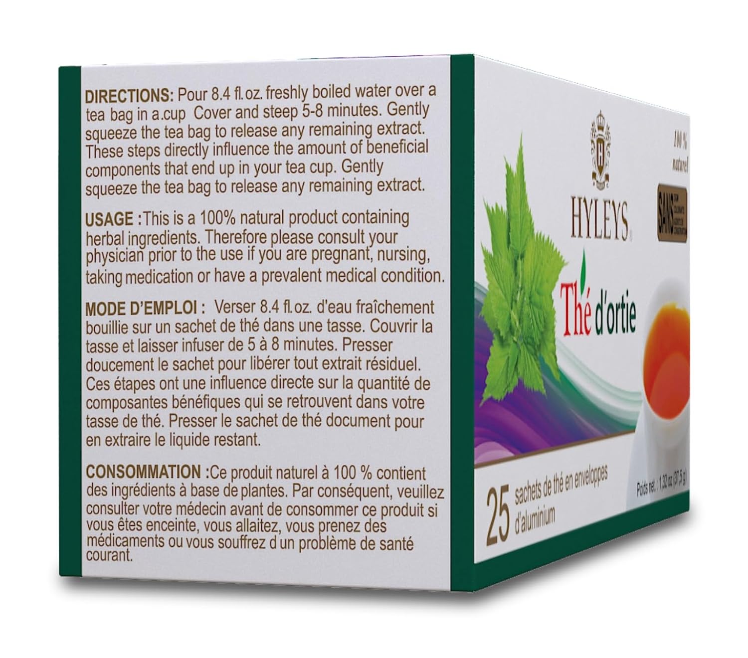 Hyleys Natural Wellness Nettle Leaves with Black Tea - Pure Ceylon Tea Blend - 100% Natural, Sugar-Free, Gluten-Free, Non-GMO - 25 Tea Bags