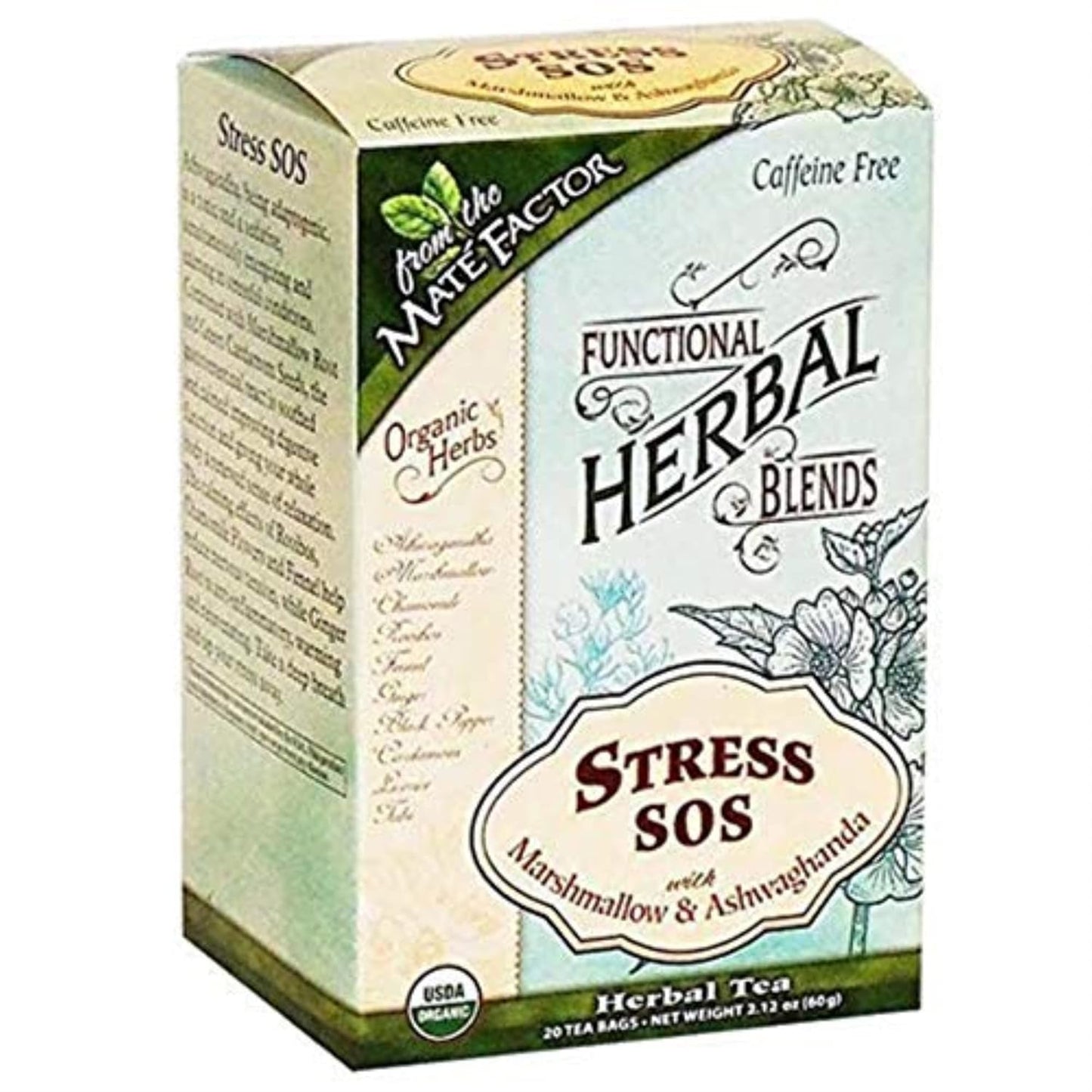 Mate Factor Organic Stress SOS with Marshmallow and Ashwagandha Herbal Tea, 20-piece, Pack of 3