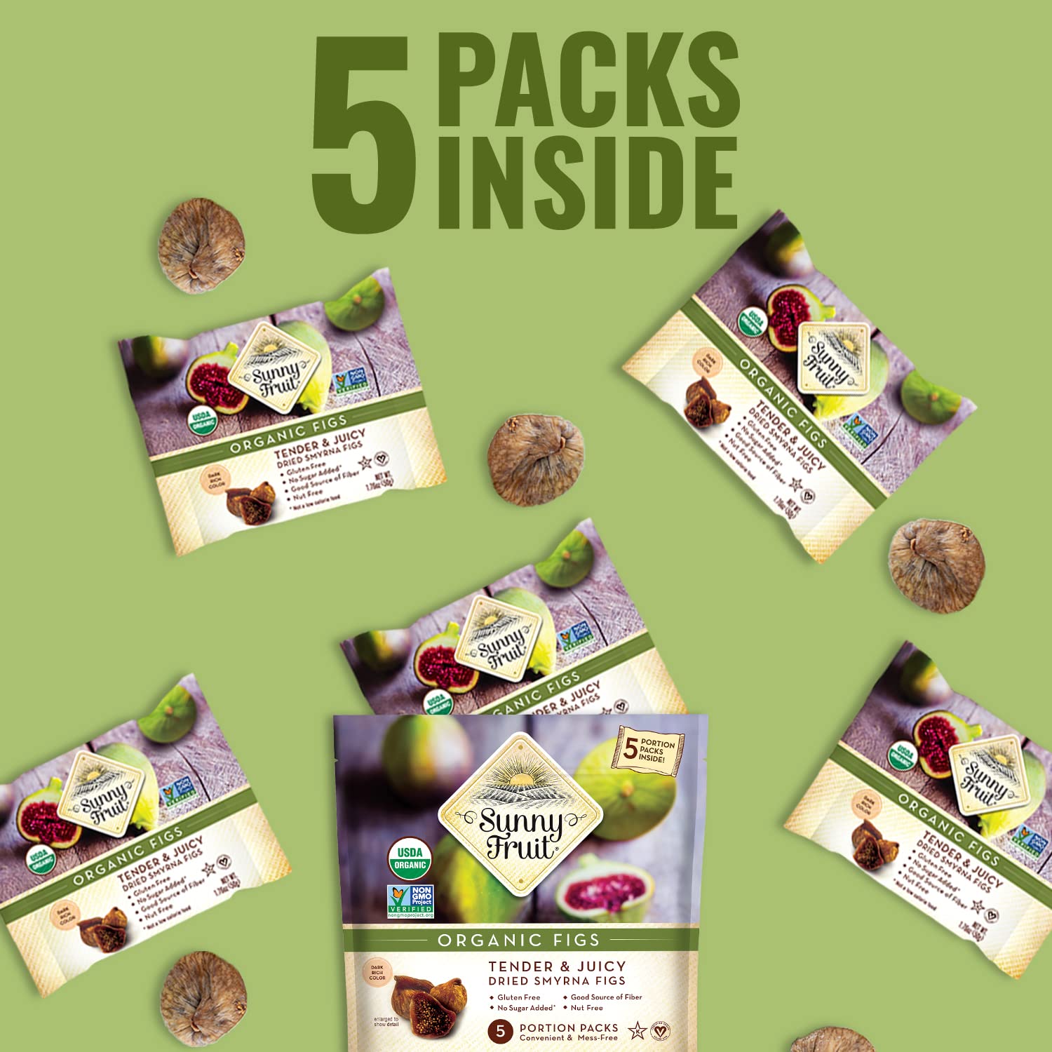 Sunny Fruit Soft Organic Turkish Dried Figs - 1 Bag (5 Individual Portion Packs) | No Preservatives, No Sugar Added | Healthy, Convenient Snack Packs | ORGANIC, NON-GMO, VEGAN, HALAL, KOSHER