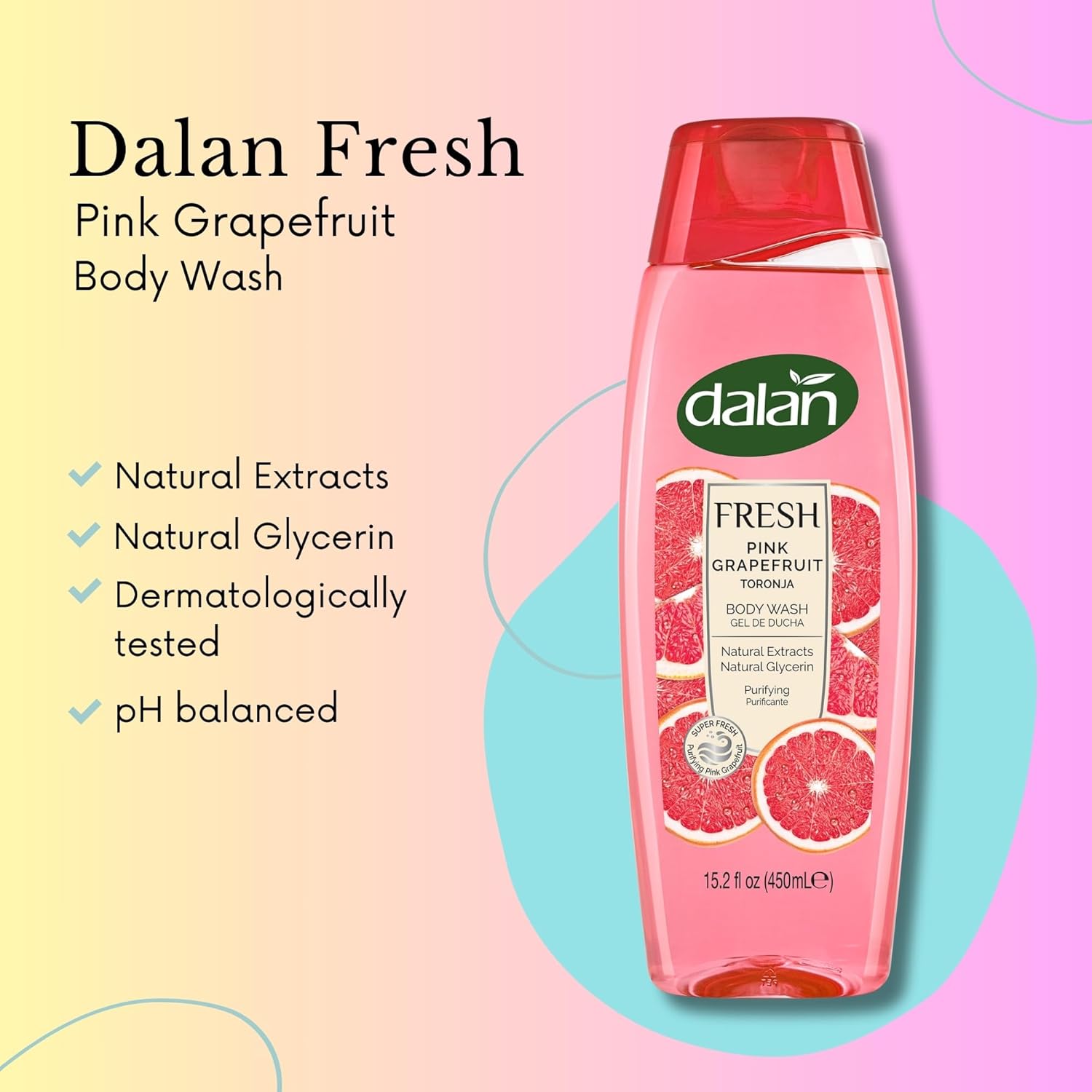 Dalan Natural Extracts Body Wash, with Fresh Pink Grapefruit & Aloe Vera & Sea Minerals, 15.2 fl oz (1 Pack, Grapefruit)