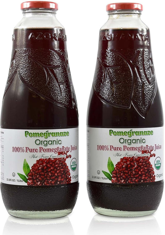 100% Organic Pomegranate Juice, 33.8 Oz Glass Bottle (2 Pack) No Sugar, No Artificial Colors, No Preservatives, No Flavors Added, Gluten Free and Kosher