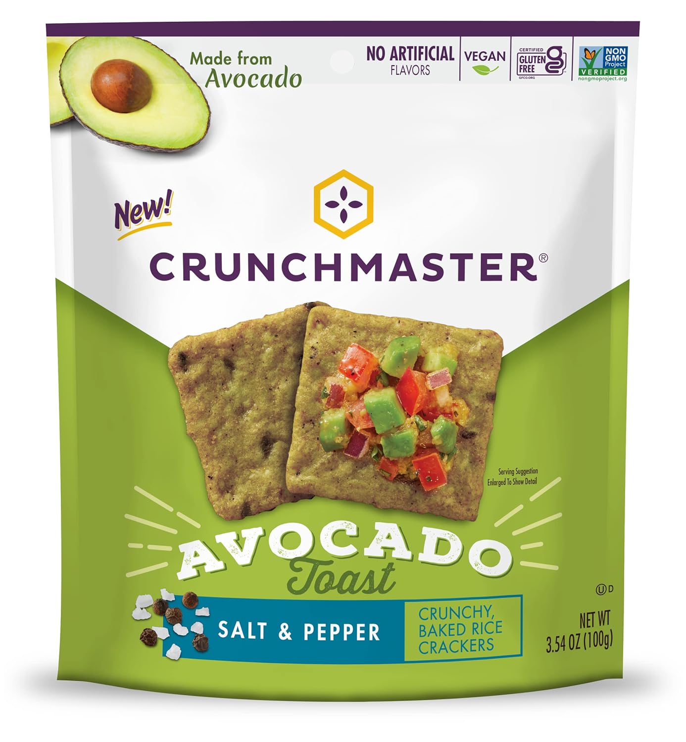 Crunchmaster Avocado Toast Crunchy, Baked Rice Crackers, Salt & Pepper, No Artificial Flavors, Vegan, Kosher, Gluten Free & Non-GMO, 3.54 Ounce (Pack of 12)