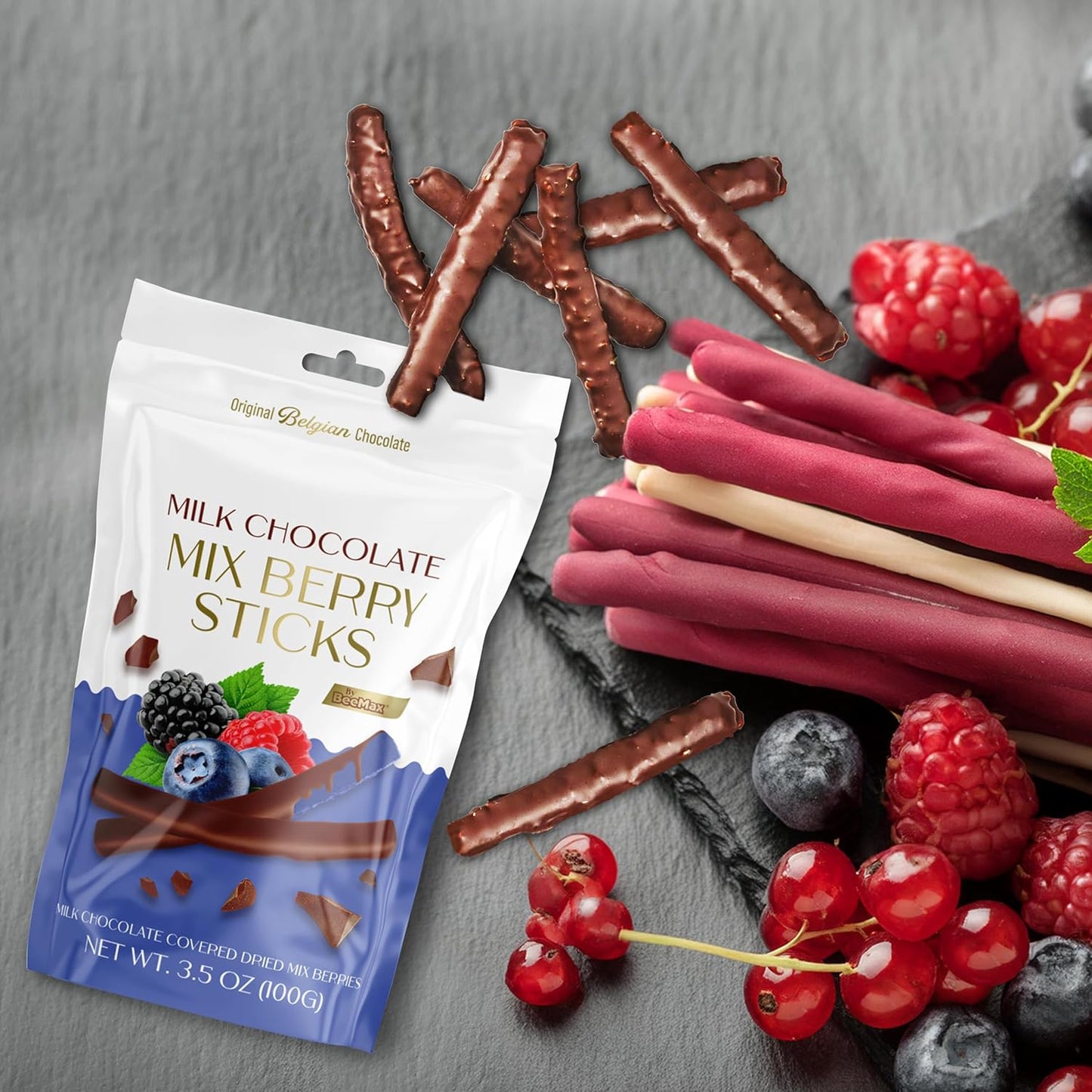 Belgian Chocolate Covered Fruit Sticks - Gourmet Covered Dried Fruit, 3.5 oz Resealable Pouch, Non-GMO, Perfect Treat for Chocolate Lovers (Milk Chocolate, Mixed Berries)