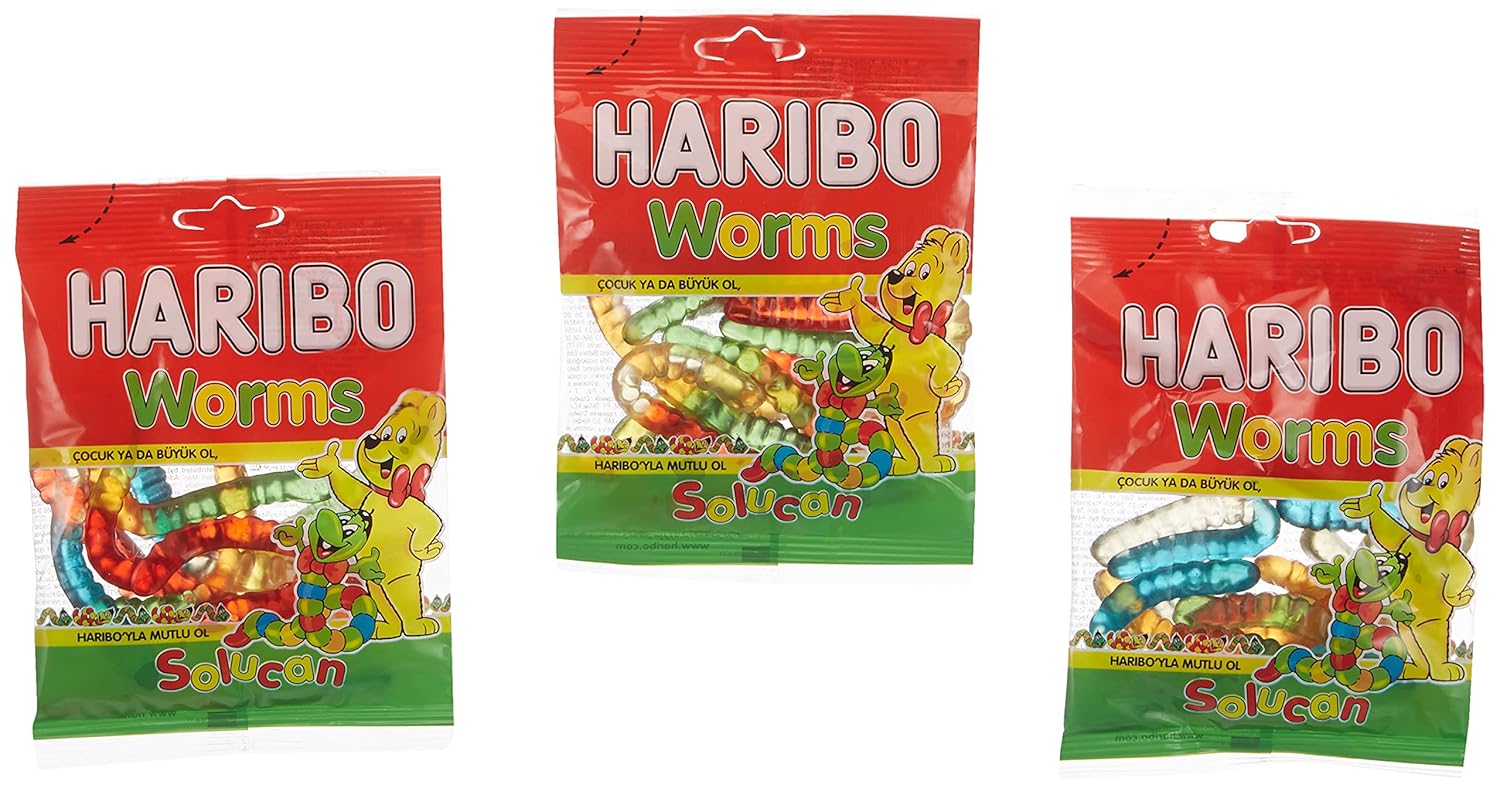 Haribo Gummi Candy, Worms, 80g x 24, Halal, 24 Packs, Solucan