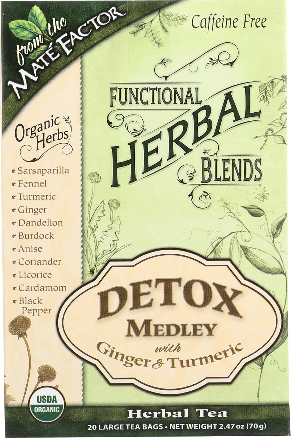 Mate Factor Functional Herbal Blend, Detox Medley with Ginger & Turmeric Tea, USDA Certified Organic, Caffeine Free, 20 Count (Pack of 6)