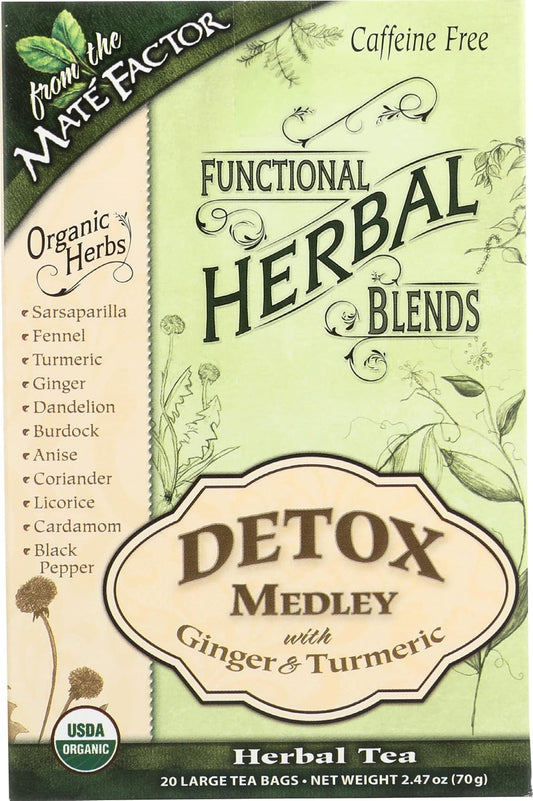 Mate Factor Functional Herbal Blend, Detox Medley with Ginger & Turmeric Tea, USDA Certified Organic, Caffeine Free, 20 Count (Pack of 6)