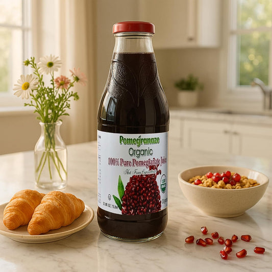 100% Organic Pomegranate Juice, 33.8 Oz Glass Bottle (2 Pack) No Sugar, No Artificial Colors, No Preservatives, No Flavors Added, Gluten Free and Kosher