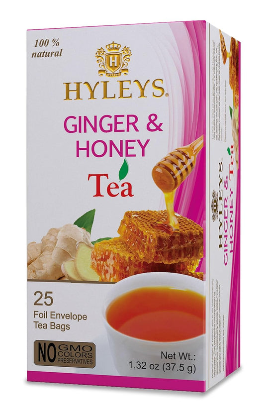 Hyleys Wellness Ginger & Honey Black Tea - Natural Digestive Support with Pure Ceylon Tea - 25 Tea Bags