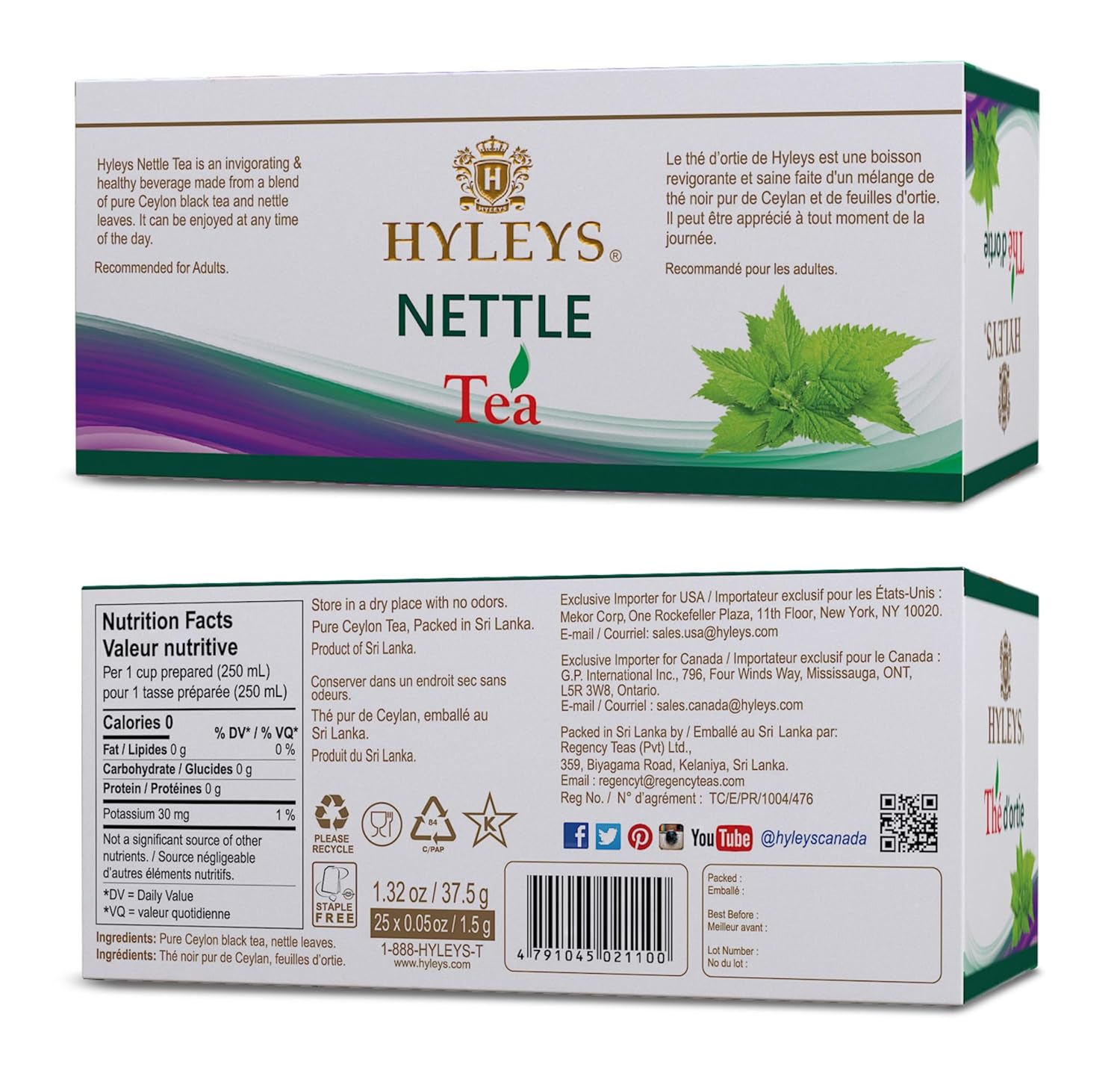 Hyleys Natural Wellness Nettle Leaves with Black Tea - Pure Ceylon Tea Blend - 100% Natural, Sugar-Free, Gluten-Free, Non-GMO - 25 Tea Bags