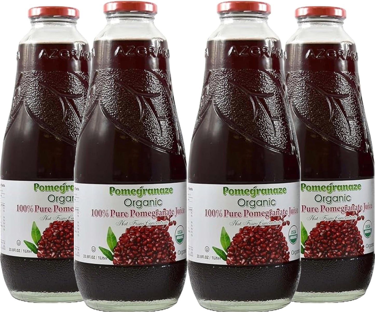 100% Organic Pomegranate Juice, 33.8 Oz Glass Bottle (2 Pack) No Sugar, No Artificial Colors, No Preservatives, No Flavors Added, Gluten Free and Kosher