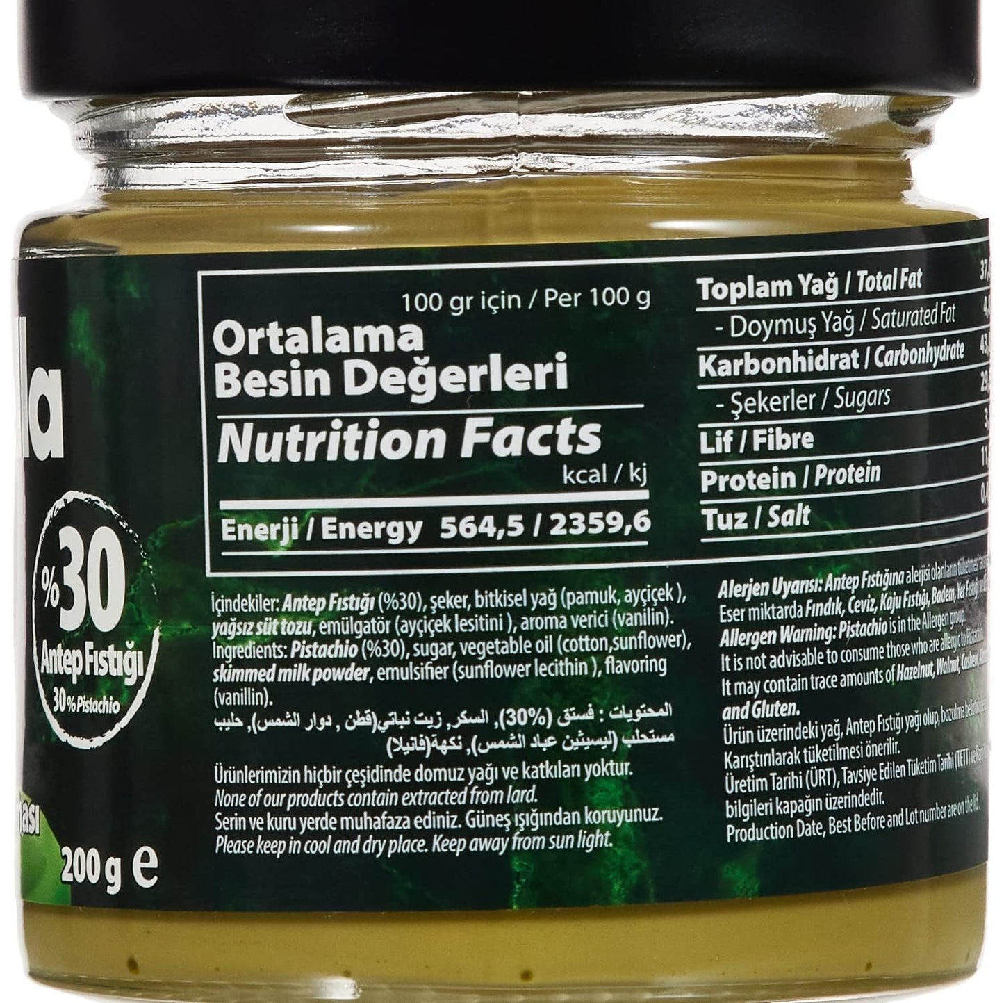 Antebella Pistachio Cream - Antep Fistigi Kremasi - 30% Pistachio - Spreadable - Perfect for Kunafah & Dubai Chocolate Bars - No Palm Oil - 200gr/7.06 Oz Jar - Pack of 4