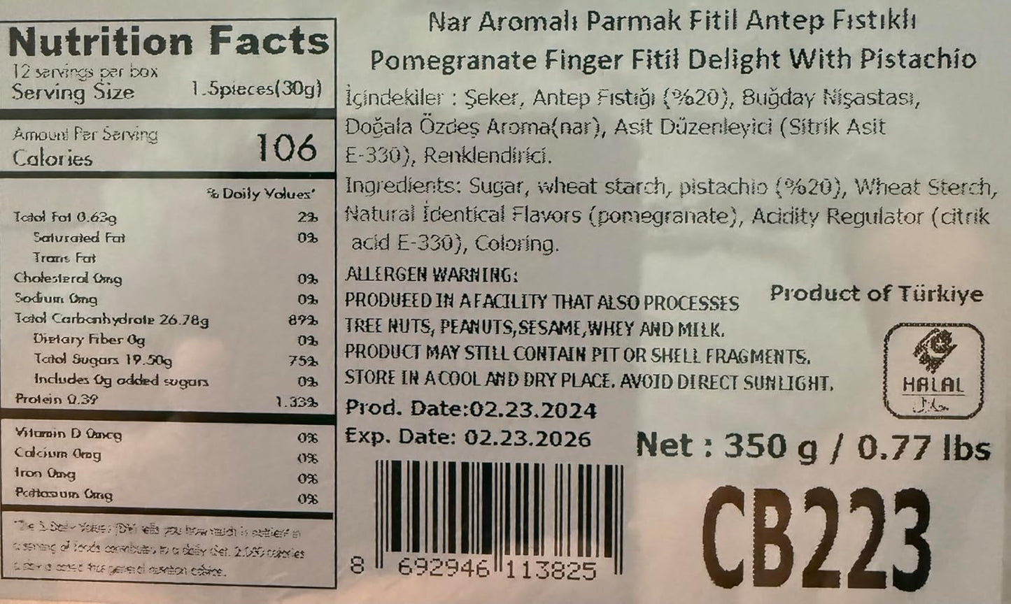 Traditional Pomegranate Turkish Delights with Pistachio (Nar Aromali Parmak Fitil Antep Fistikli, Sweet Pomegranate Pistachio Soujouk 12.32 oz, 350 g)