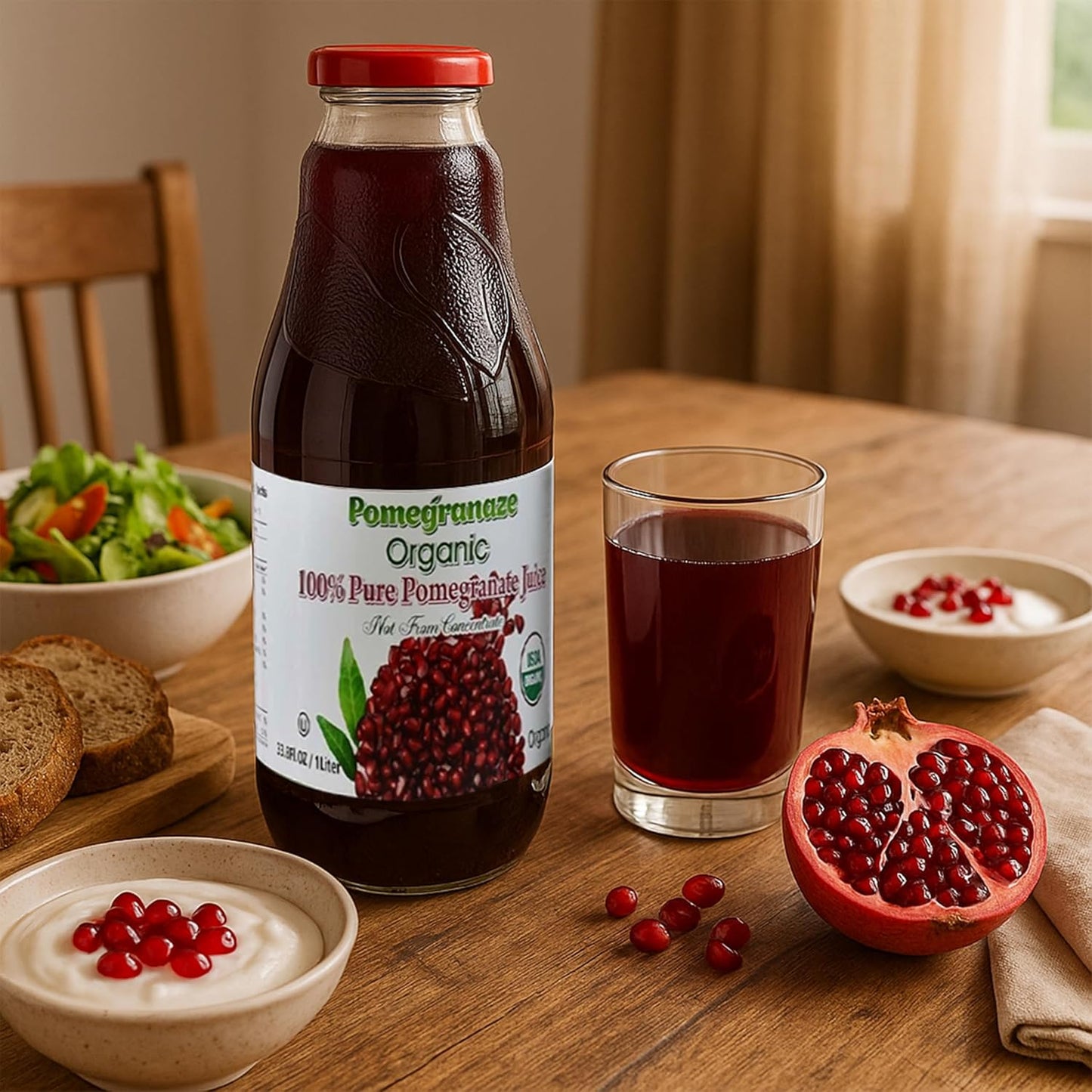 100% Organic Pomegranate Juice, 33.8 Oz Glass Bottle (2 Pack) No Sugar, No Artificial Colors, No Preservatives, No Flavors Added, Gluten Free and Kosher