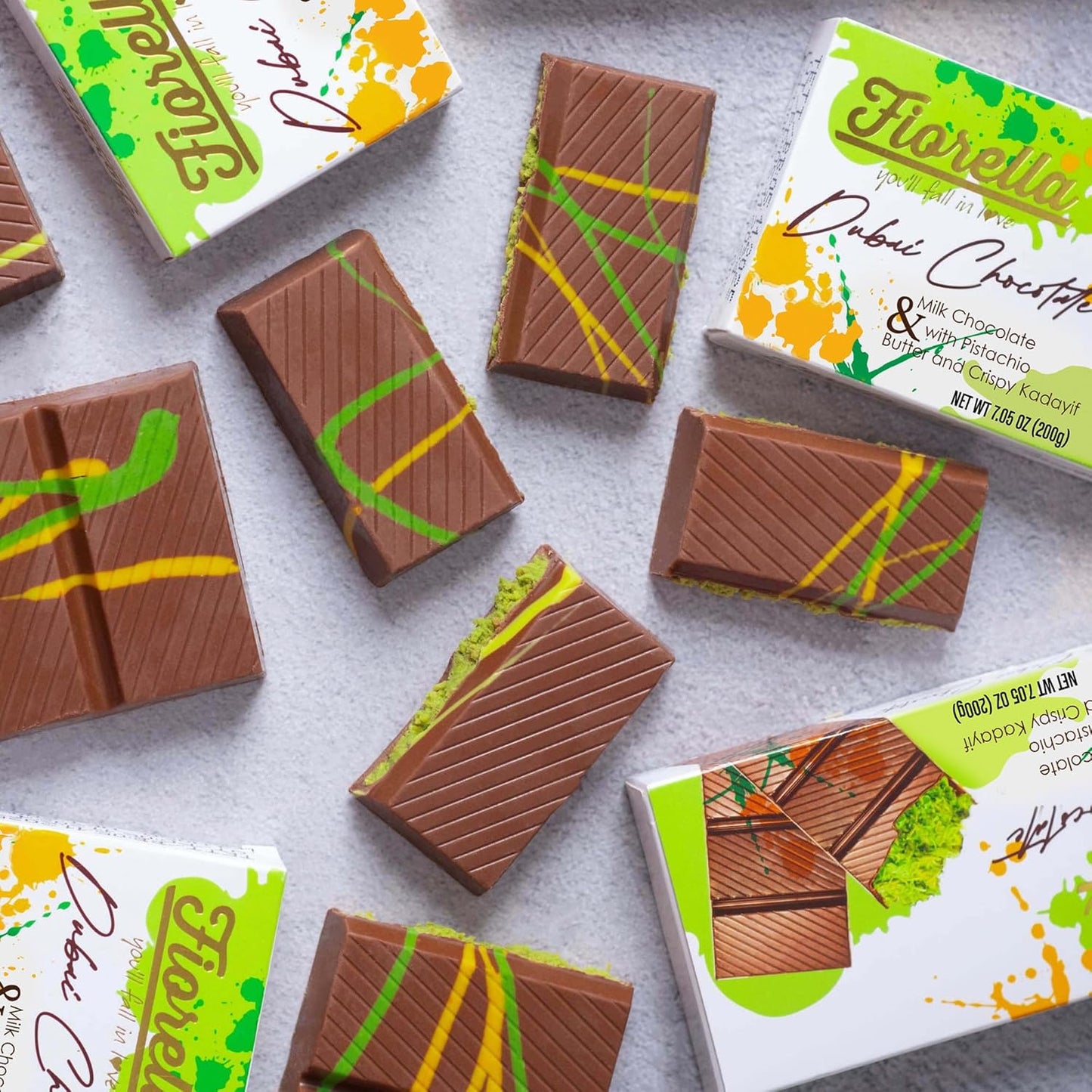 Fiorella Dubai Milk Chocolate Bar with Pistachio Butter & Shredded Knafeh, 7.05 Oz, Candy Bar for Kids & Adults, Pack of 2
