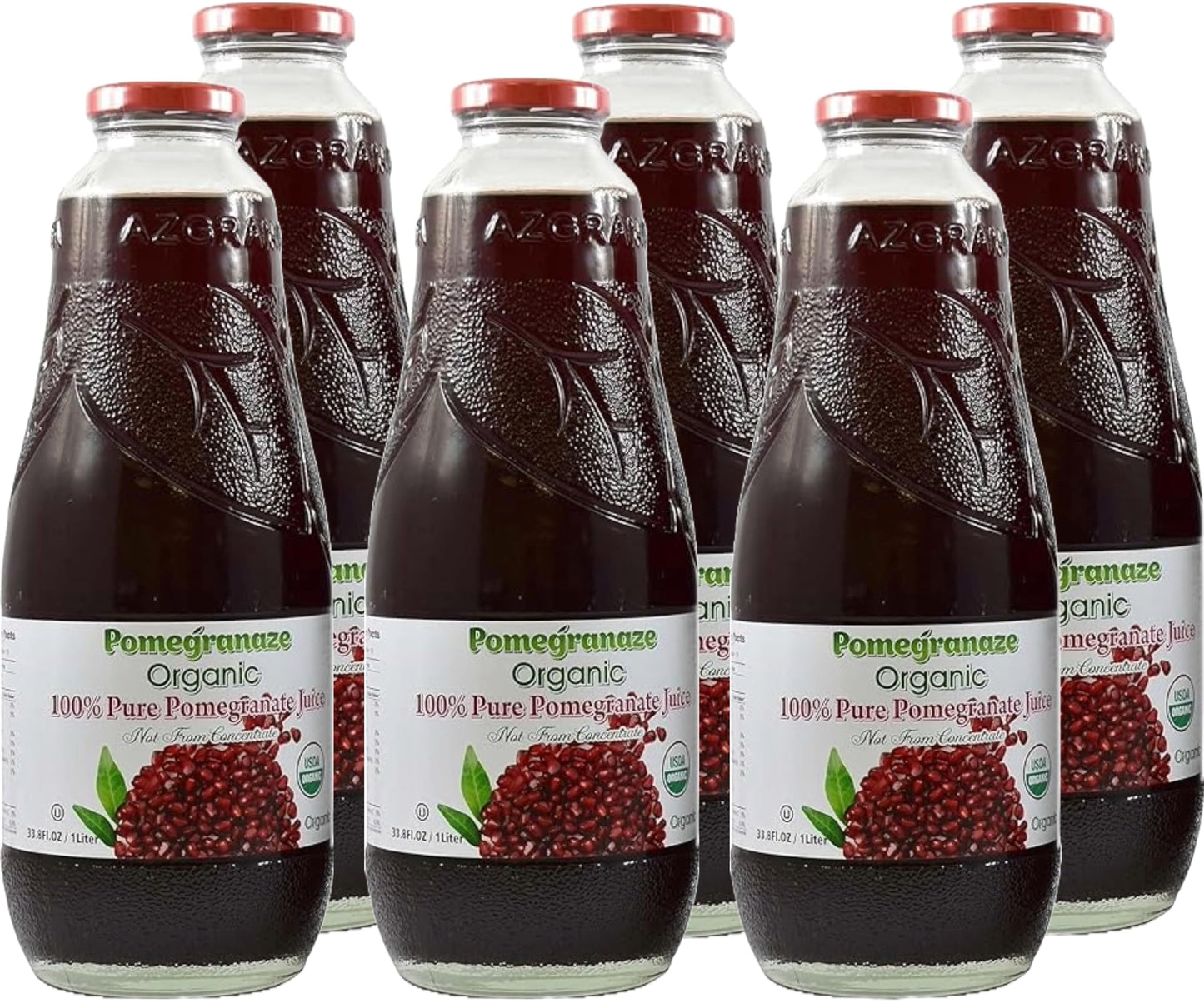 100% Organic Pomegranate Juice, 33.8 Oz Glass Bottle (2 Pack) No Sugar, No Artificial Colors, No Preservatives, No Flavors Added, Gluten Free and Kosher
