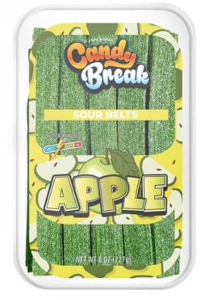 Variety Pack of Sour Candy Belts - Strawberry - Apple - Blue Raspberry - Peach - Cotton Candy - Watermelon Candy Breaks - Halal - 8 Oz Container - Pack of 6 (1 Pack From Each Flavor)