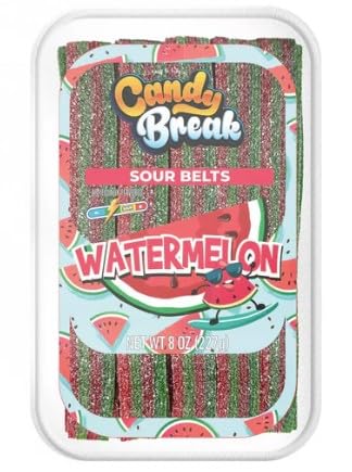 Variety Pack of Sour Candy Belts - Strawberry - Apple - Blue Raspberry - Peach - Cotton Candy - Watermelon Candy Breaks - Halal - 8 Oz Container - Pack of 6 (1 Pack From Each Flavor)