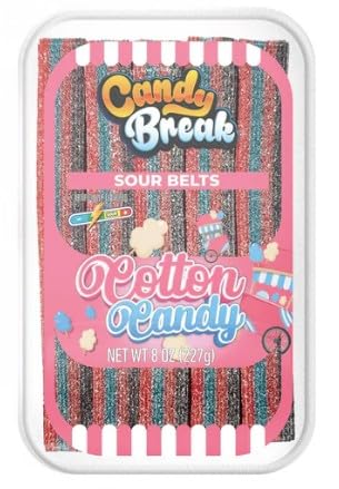 Variety Pack of Sour Candy Belts - Strawberry - Apple - Blue Raspberry - Peach - Cotton Candy - Watermelon Candy Breaks - Halal - 8 Oz Container - Pack of 6 (1 Pack From Each Flavor)
