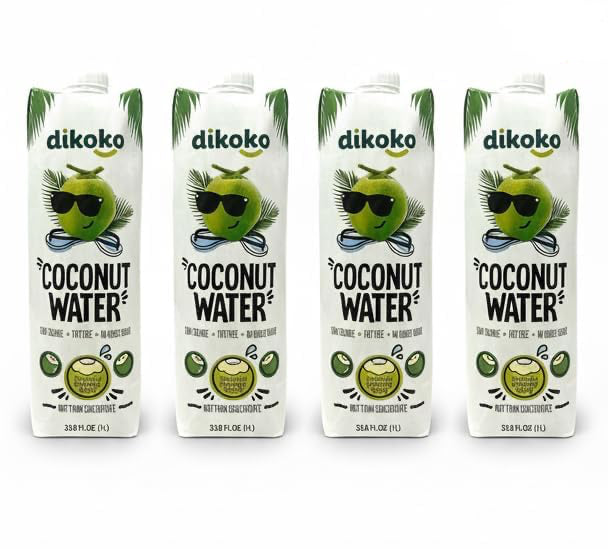 DikokoBrazilian Coconut Water, Not From Concentrate, Low Calorie, No Added Sugar, 33.8 Fl Oz, 4 Pack