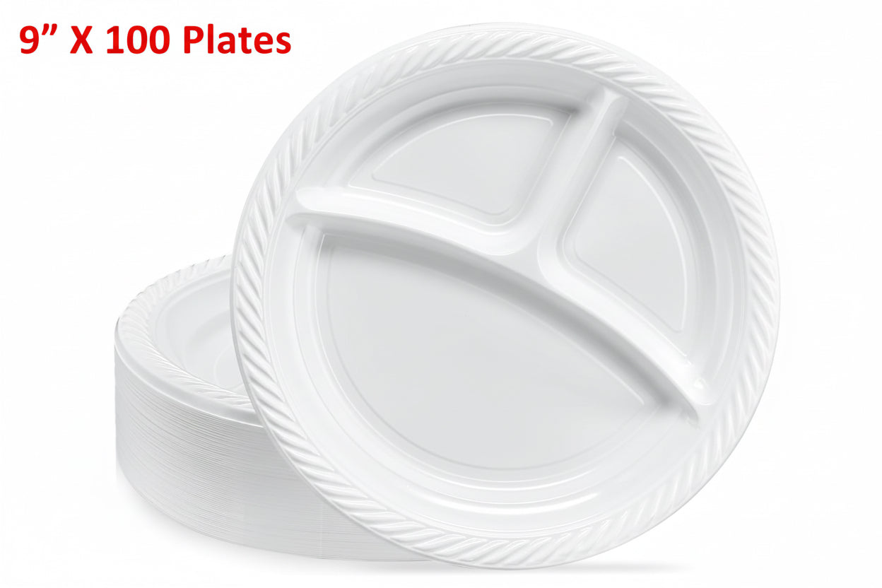 White Plastic Divided Plates, 9 Inch, 3 Compartment, Heavy Weight, Microwave Safe, Reusable, 100 Count