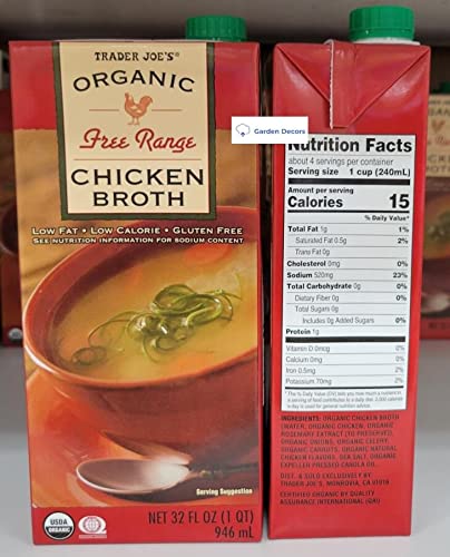 Trader Joe’s Organic Free Ranges Chicken Broth 32fl oz 946ml (Two Boxes)