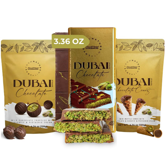 Beemax Dubai Variety Pack – 3 Premium Middle Eastern Chocolate Treats: Mini Waffle Cones, Pistachio-Filled Truffles & Mini Dubai Bar | Pistachio Cream, Milk Chocolate & Crunchy Kadayif | Gourmet Candy Gifts