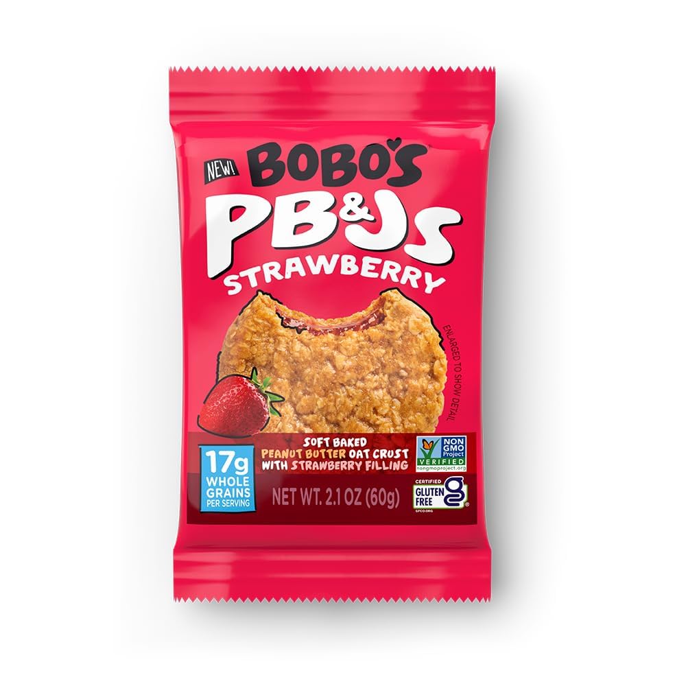 Bobos Gluten Free PB&Js Soft Baked Peanut Butter Oat Crust with Jelly Filling, Grape and Strawberry, 37.8 OZ (Pack of 18) GLUTEN FREE