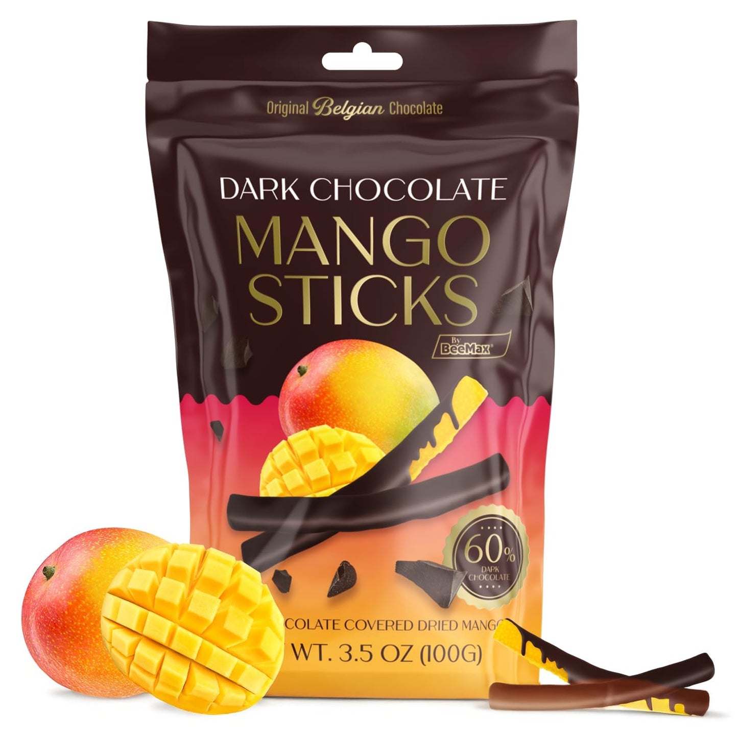 Original Belgian Dark Chocolate Covered Mango Sticks, 60% Cacao, Dried Fruit Snack, 3.5 oz Resealable Pouch ~ 2 Pack
