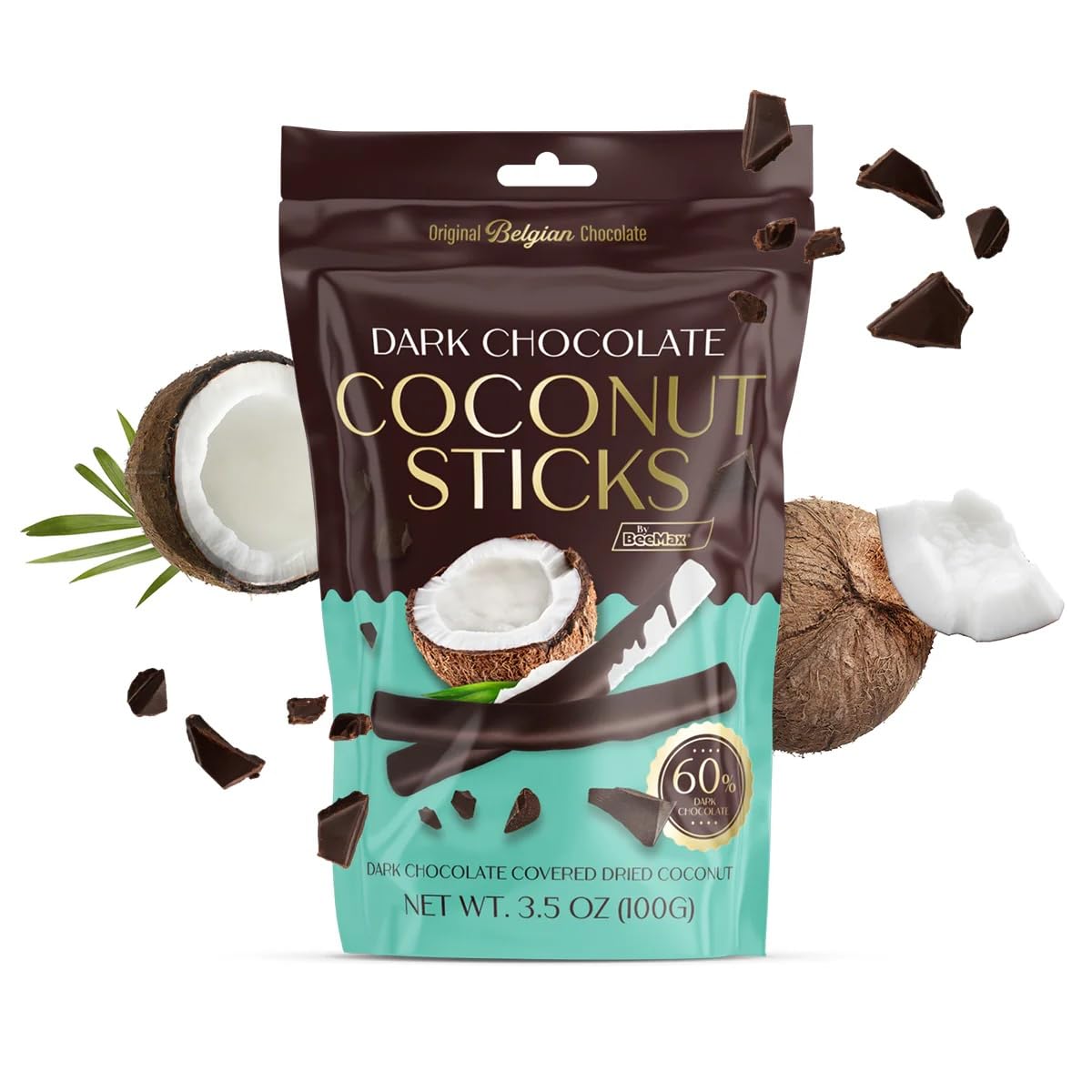 Original Belgian Dark Chocolate Covered Coconut Sticks, 60% Cacao, Dried Fruit Snack, 3.5 oz Resealable Pouch ~ 2 Pack