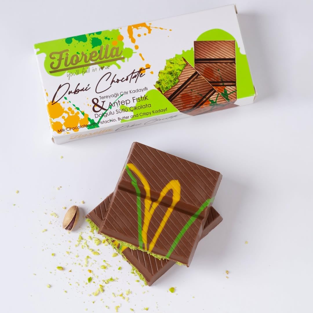 Fiorella Dubai Chocolate Bar Pistachio, Luxury & Premium Dubai Milk Chocolate Bar Filled with Pistachio Butter & Shredded Knafeh Kadayif, Snacks for Kids & Adults - 7.05 Oz