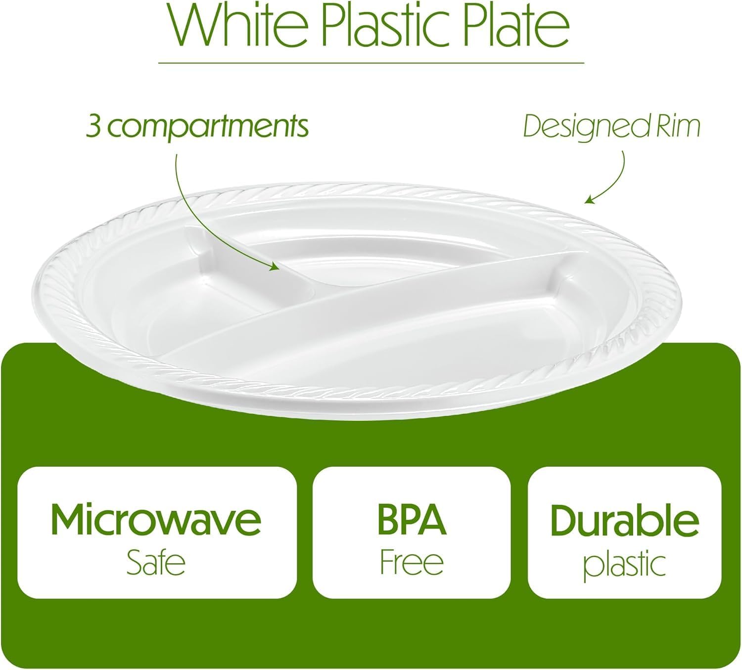 White Plastic Divided Plates, 9 Inch, 3 Compartment, Heavy Weight, Microwave Safe, Reusable, 100 Count
