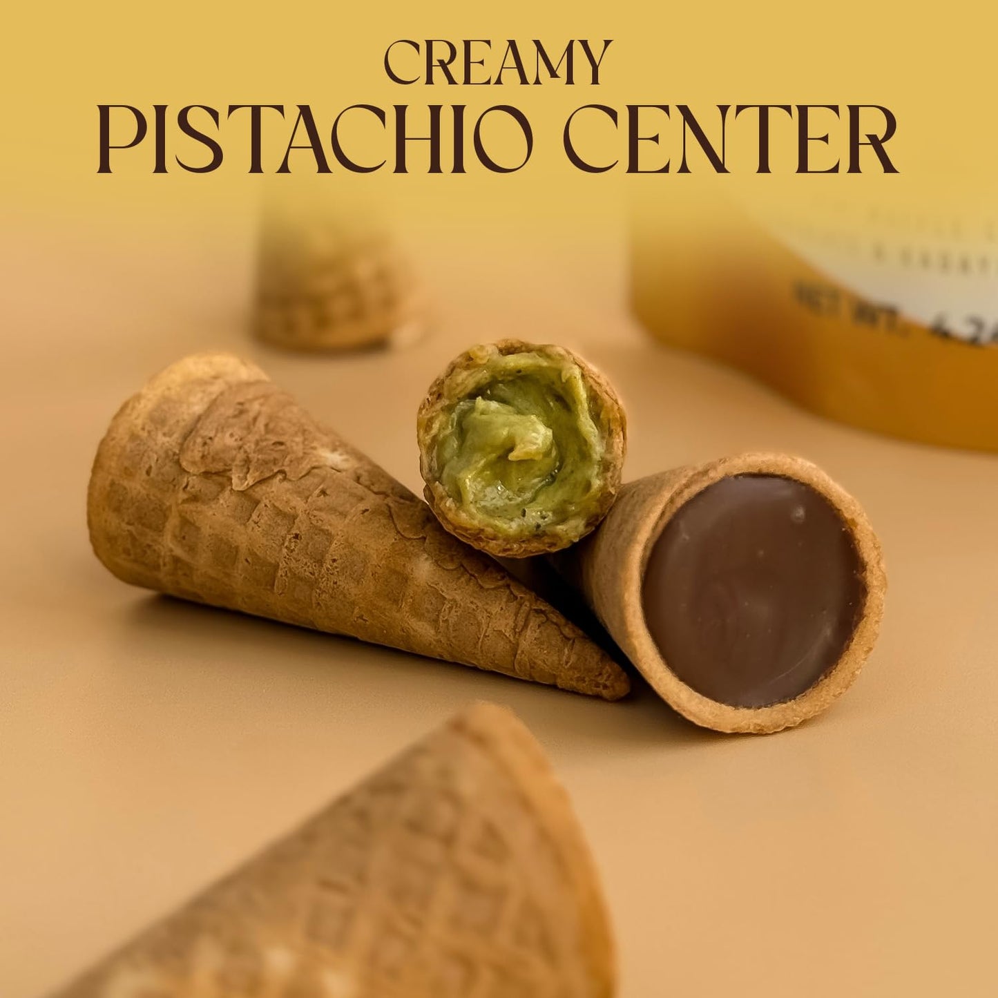Beemax Dubai Style Chocolate Cones – 2 Pack, Mini Waffle Cones Filled with Pistachio Cream, Milk Chocolate & Crunchy Kadaifi | Gourmet Middle Eastern Candy, 4.24oz Each Bag