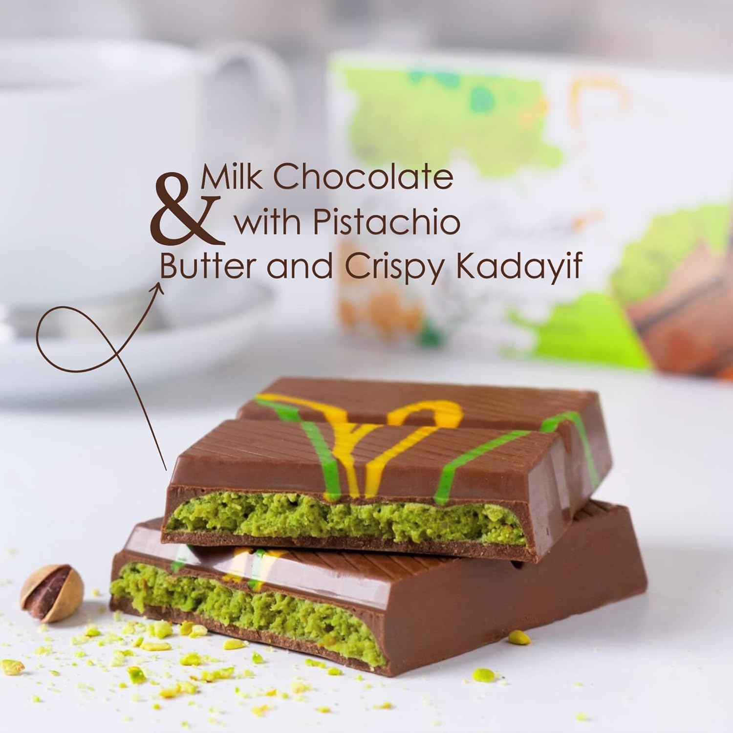 Fiorella Dubai Milk Chocolate Bar with Pistachio Butter & Shredded Knafeh, 7.05 Oz, Candy Bar for Kids & Adults, Pack of 2