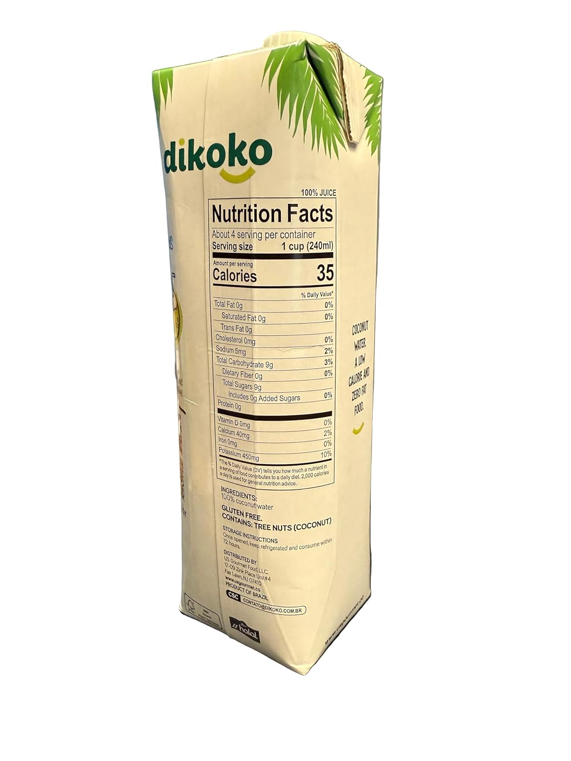 DikokoBrazilian Coconut Water, Not From Concentrate, Low Calorie, No Added Sugar, 33.8 Fl Oz, 2 Pack