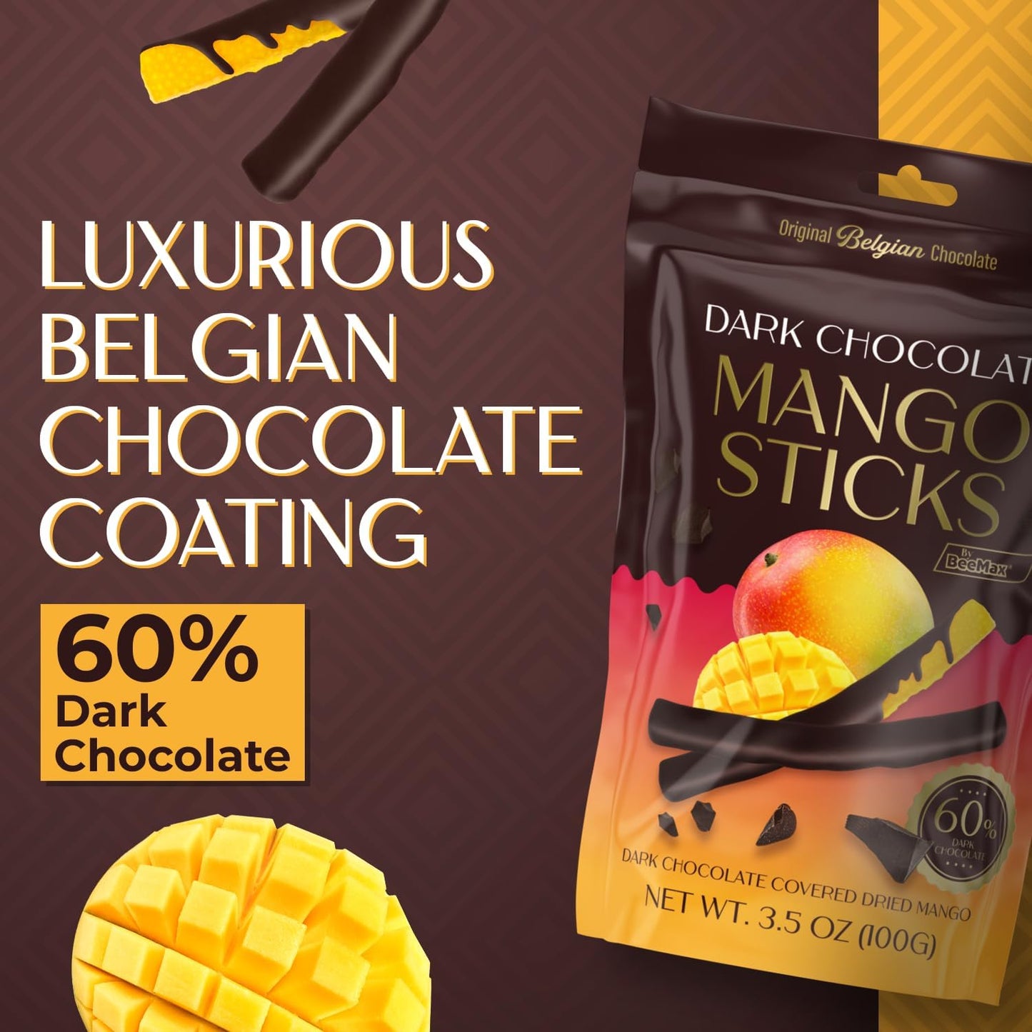 Original Belgian Dark Chocolate Covered Mango Sticks, 60% Cacao, Dried Fruit Snack, 3.5 oz Resealable Pouch ~ 2 Pack