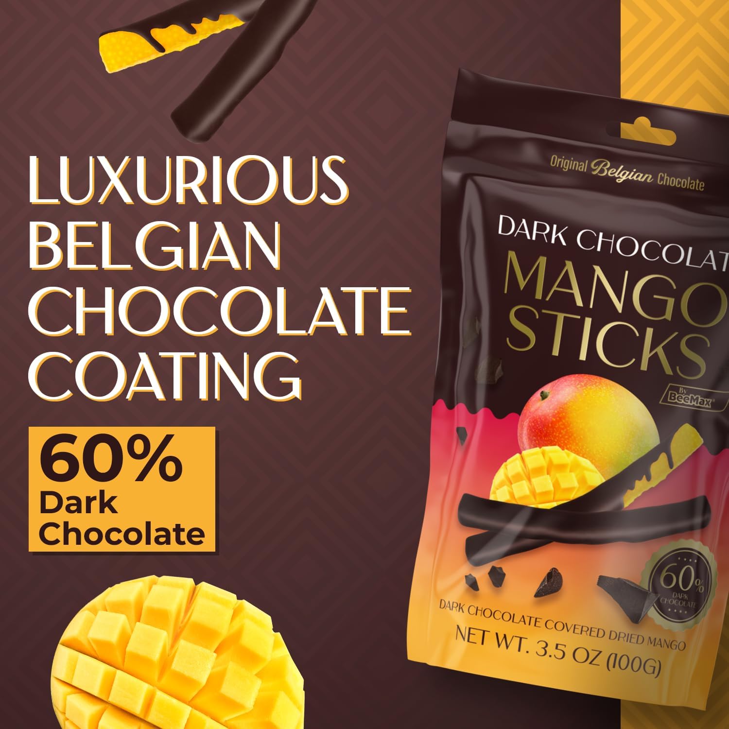 Original Belgian Dark Chocolate Covered Mango Sticks, 60% Cacao, Dried Fruit Snack, 3.5 oz Resealable Pouch ~ 2 Pack