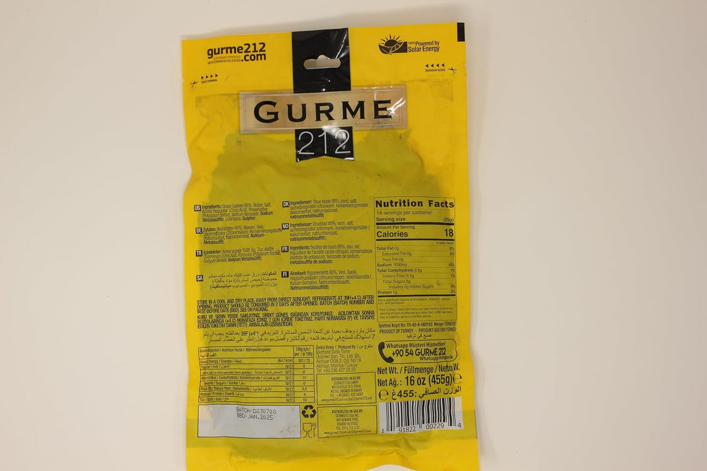 Gurme212 Premium Turkish Grape Leaves (Leaves for Dolma) 16 oz/455g (Early Harvest, 2-pack)