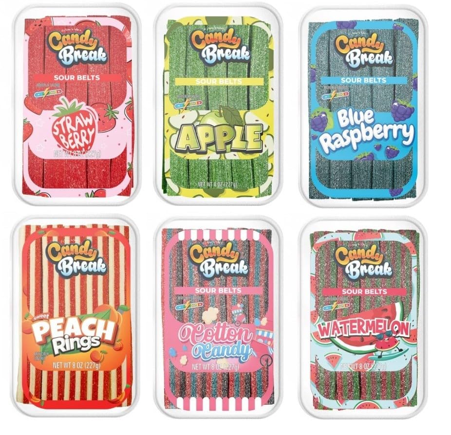 Variety Pack of Sour Candy Belts - Strawberry - Apple - Blue Raspberry - Peach - Cotton Candy - Watermelon Candy Breaks - Halal - 8 Oz Container - Pack of 6 (1 Pack From Each Flavor)