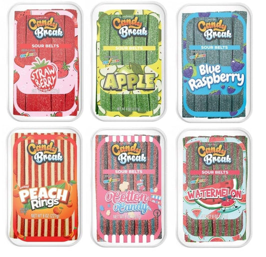 Variety Pack of Sour Candy Belts - Strawberry - Apple - Blue Raspberry - Peach - Cotton Candy - Watermelon Candy Breaks - Halal - 8 Oz Container - Pack of 6 (1 Pack From Each Flavor)