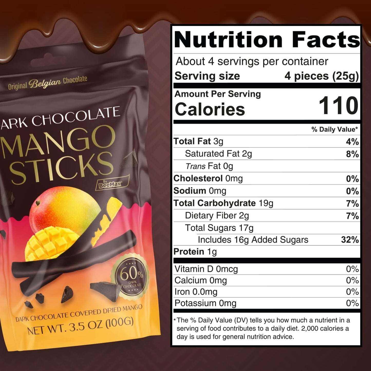 Original Belgian Dark Chocolate Covered Mango Sticks, 60% Cacao, Dried Fruit Snack, 3.5 oz Resealable Pouch ~ 2 Pack