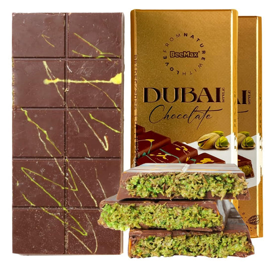 Beemax Authentic Dubai-Style Chocolate Bar | 2 Pack | 7 oz of Luxurious Middle Eastern Indulgence | Premium Milk Chocolate, Golden Kadayif Crisps, Velvety Tahini & Hand-Harvested Pistachios – Imported from Turkey