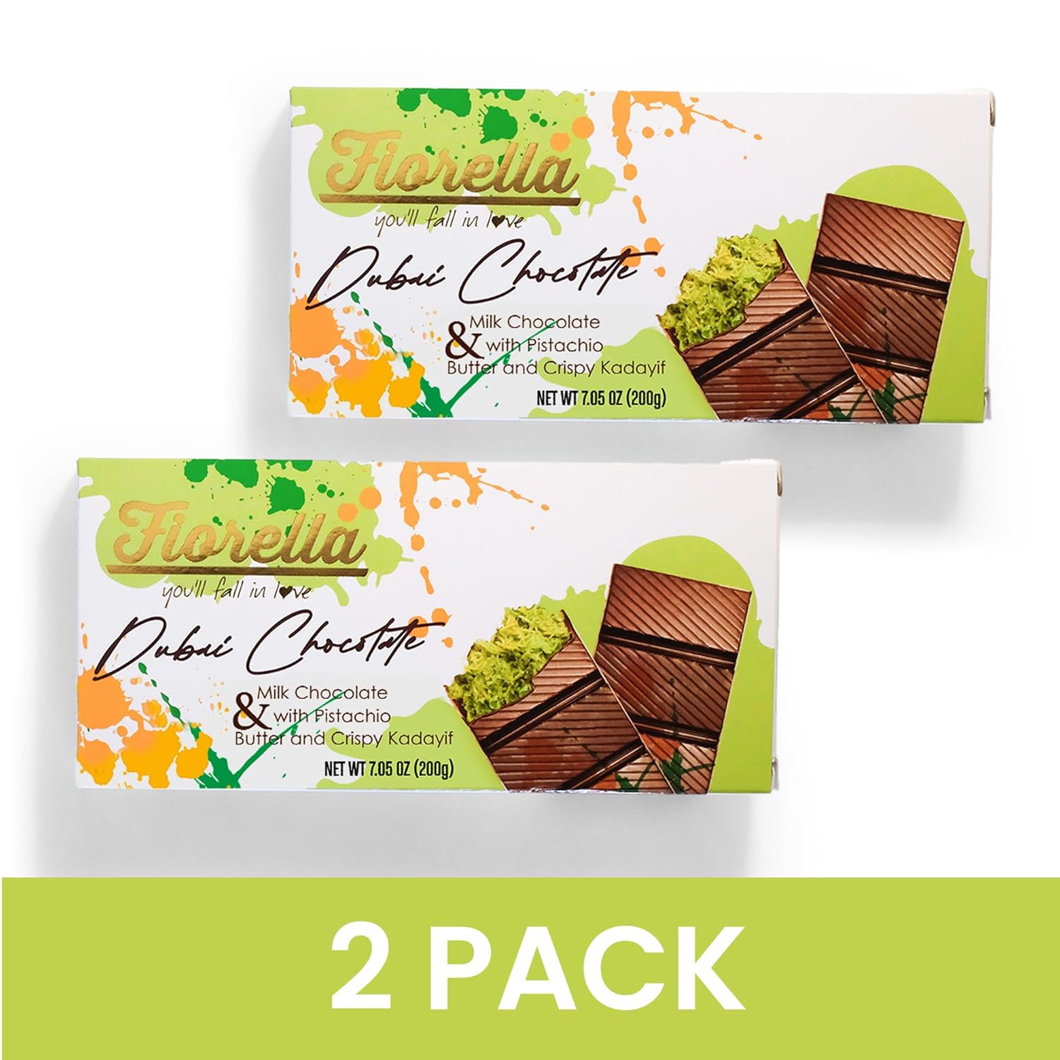 Fiorella Dubai Milk Chocolate Bar with Pistachio Butter & Shredded Knafeh, 7.05 Oz, Candy Bar for Kids & Adults, Pack of 2