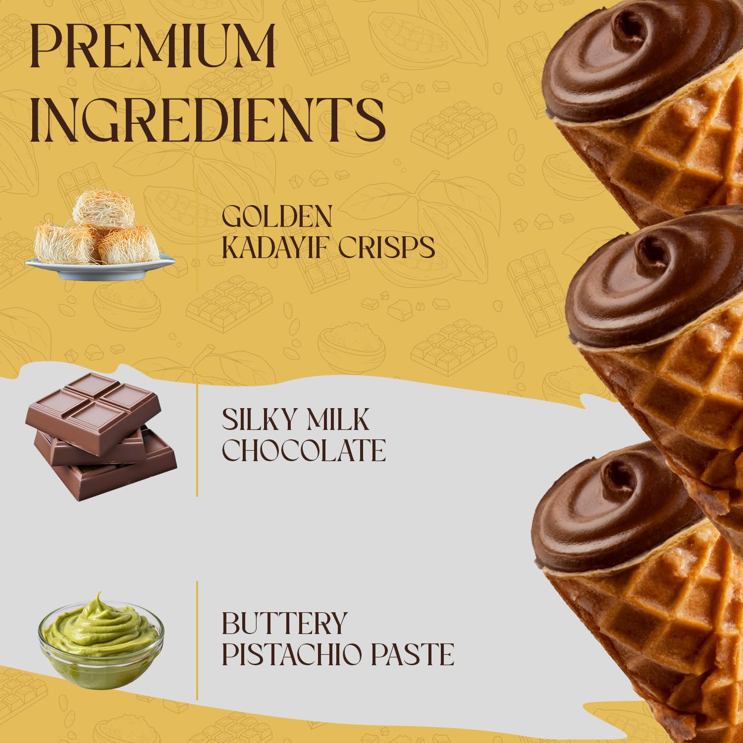 Beemax Dubai Style Chocolate Cones – 2 Pack, Mini Waffle Cones Filled with Pistachio Cream, Milk Chocolate & Crunchy Kadaifi | Gourmet Middle Eastern Candy, 4.24oz Each Bag