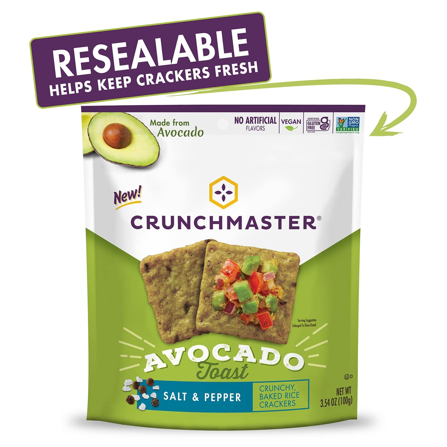 Crunchmaster Avocado Toast Crunchy, Baked Rice Crackers, Salt & Pepper, No Artificial Flavors, Vegan, Kosher, Gluten Free & Non-GMO, 3.54 Ounce (Pack of 12)