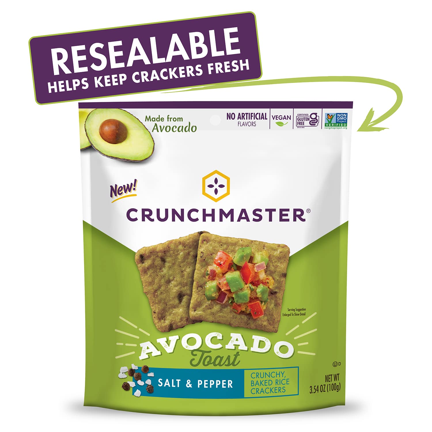Crunchmaster Avocado Toast Crunchy, Baked Rice Crackers, Salt & Pepper, No Artificial Flavors, Vegan, Kosher, Gluten Free & Non-GMO, 3.54 Ounce (Pack of 12)