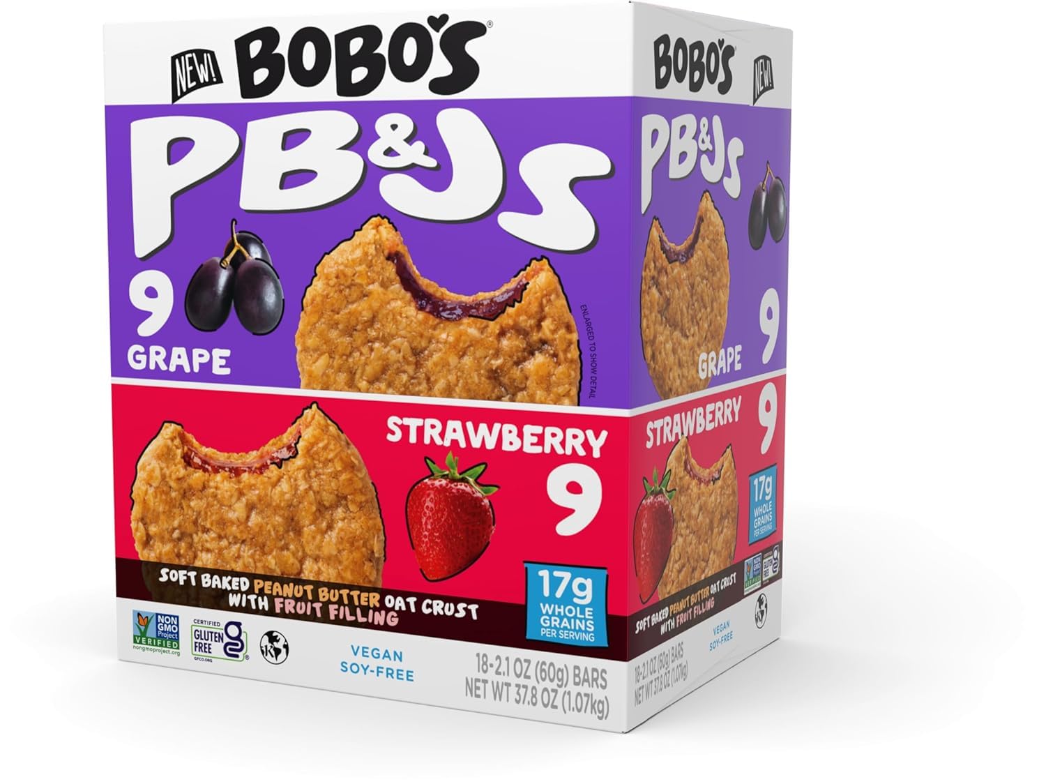 Bobos Gluten Free PB&Js Soft Baked Peanut Butter Oat Crust with Jelly Filling, Grape and Strawberry, 37.8 OZ (Pack of 18) GLUTEN FREE