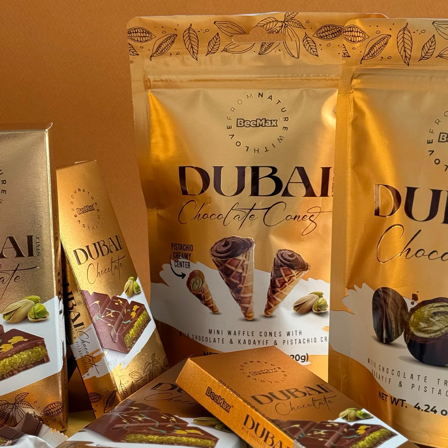 Beemax Dubai Style Chocolate Cones – 2 Pack, Mini Waffle Cones Filled with Pistachio Cream, Milk Chocolate & Crunchy Kadaifi | Gourmet Middle Eastern Candy, 4.24oz Each Bag